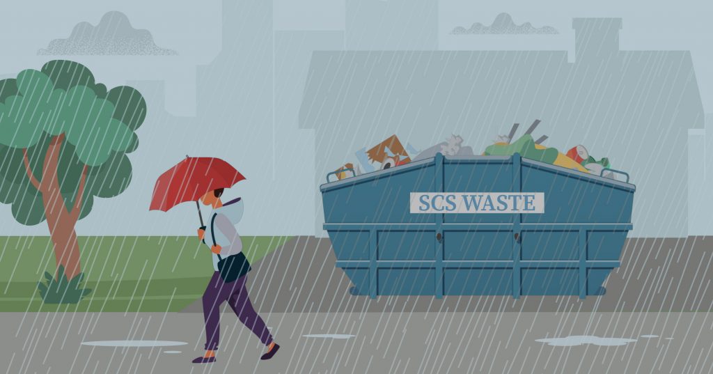 Illustration of a blue SCS Waste skip in the rain